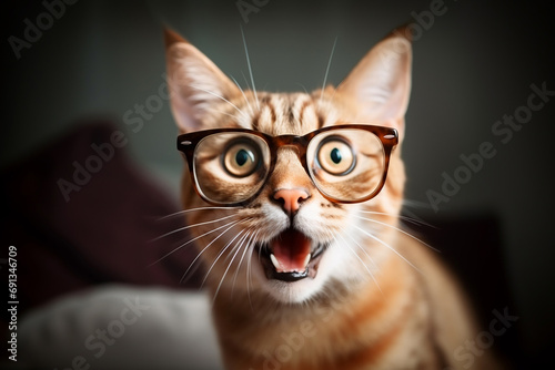 メガネをかけてびっくりする猫　AI生成画像 photo