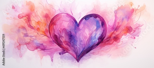 Watercolor abstract heart in pink tones with beautiful artistic streaks and flows on white background. Banner for valentine's day. Love