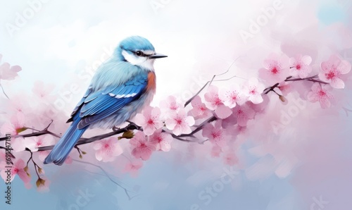 Blue bird on branch of cherry sakura, spring background