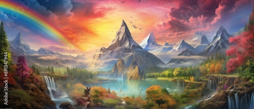 Fantasy landscape with mountains, waterfalls, and rainbow. Digital art background.