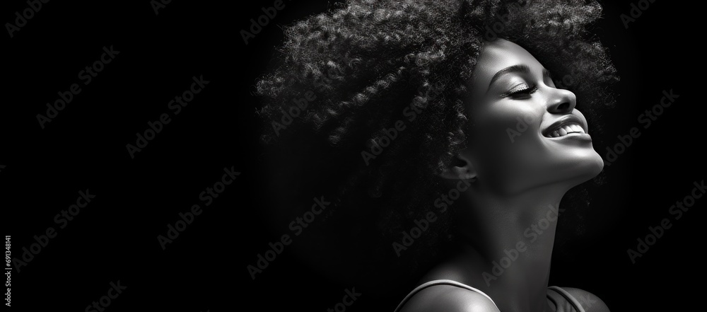 Happy Africa banner with black woman smiling face Happy Africa banner with black woman smiling face