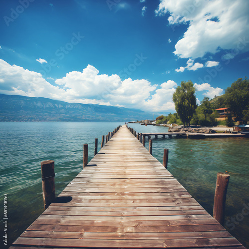Pier Ohrid lake in summer landscape