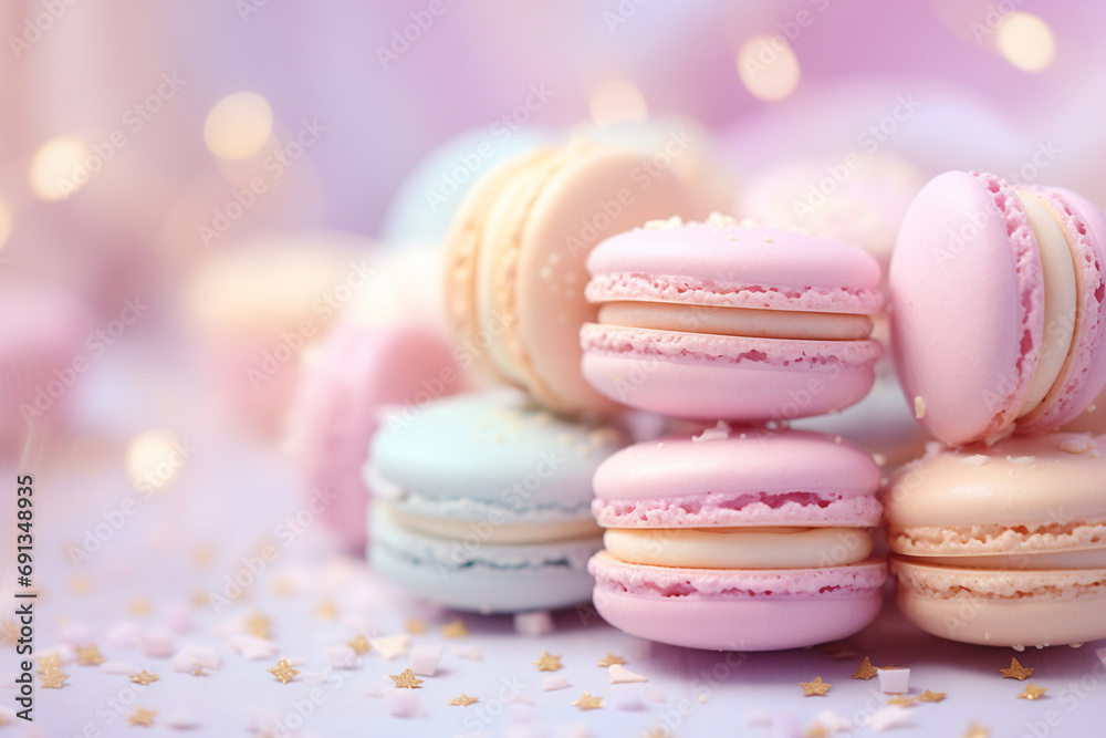 Variety Pastel color Closeup French macarons on blurred background and glittered star Sweet and dessert, Colorful french desserts banner with copyspace. Variety Pastel color Closeup French macarons on blurred background and glittered star Sweet and dessert, Colorful french desserts banner with copyspace.
