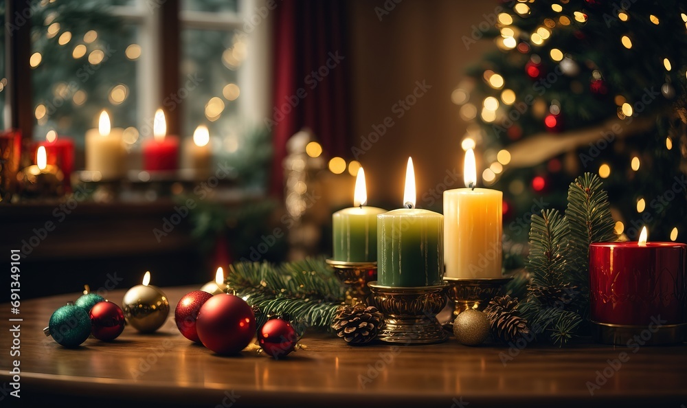 Christmas candles with christmas tree in the background 