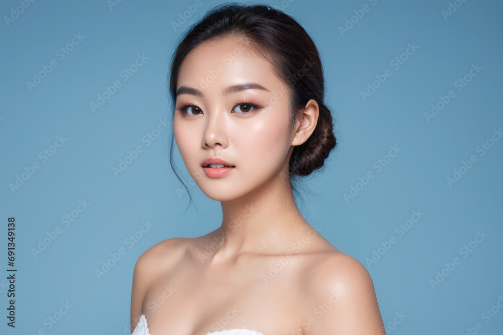 Beautiful young asian woman with clean skin on blue background, Face care, Facial treatment, Cosmetology, beauty and spa, women portrait Beautiful young asian woman with clean skin on blue background, Face care, Facial treatment, Cosmetology, beauty and spa, women portrait