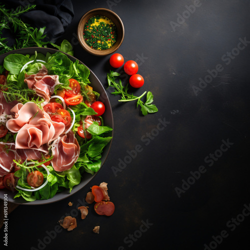 Green salad with fresh prosciutto green leaves mix