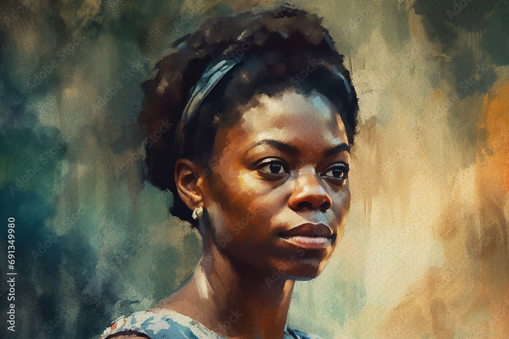 Dark-skinned woman, retro portrait, black woman in headdress, watercolor painting on textured paper. Digital watercolor painting - obrazy, fototapety, plakaty 