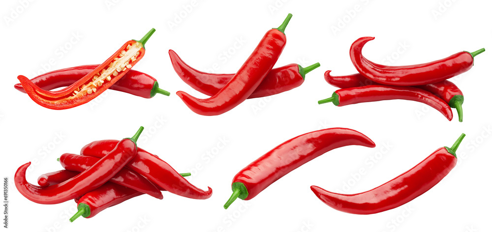 red hot Chili Peppers isolated on white background, full depth of field - obrazy, fototapety, plakaty 