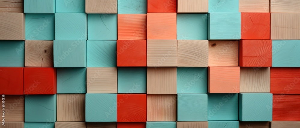 Turquoise and Coral Wooden Blocks in a Tiled Pattern Turquoise and Coral Wooden Blocks in a Tiled Pattern