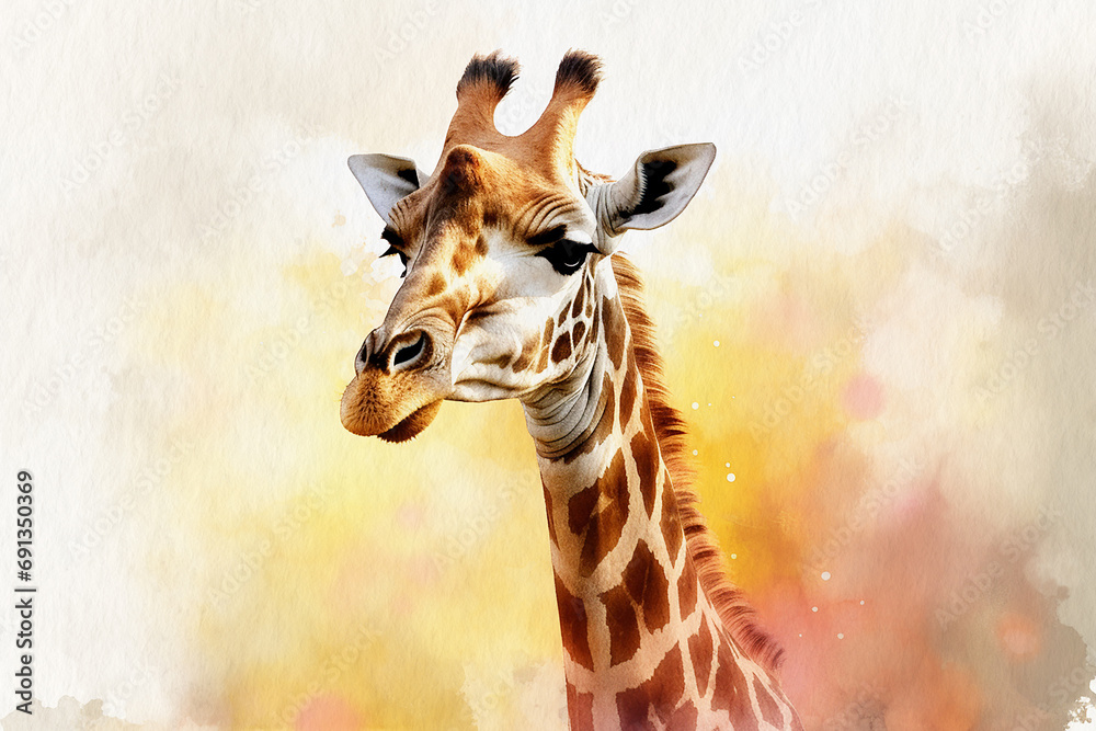 Obraz premium Giraffe, portrait of an animal looking straight ahead, watercolor painting on textured paper. Digital watercolor painting