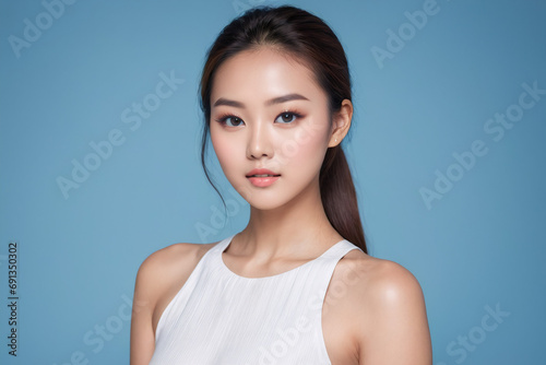 Beautiful young asian woman with clean skin on blue background, Face care, Facial treatment, Cosmetology, beauty and spa, women portrait