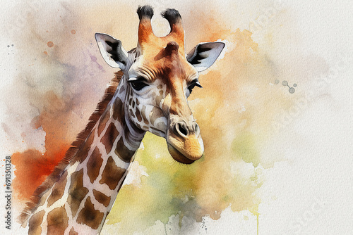 Giraffe, portrait of an animal looking straight ahead, watercolor painting on textured paper. Digital watercolor painting