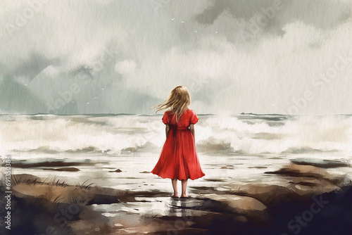 Girl in red dress looking out to sea, back view, painting painted in watercolor on textured paper. Digital watercolor painting