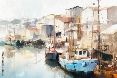 Harbor, retro harbor with boats and pier, seascape painted with watercolors on textured paper. Digital Watercolor Painting