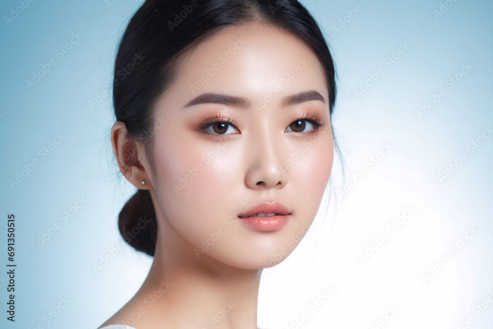 Close up potrait of an beautiful korean woman natural healthy cosmetic with clean perfect skin on blue background, skin care, facial treatment, beauty and spa, Asian women potrait.