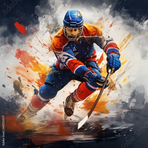 ice hockey player with stick on ice photo