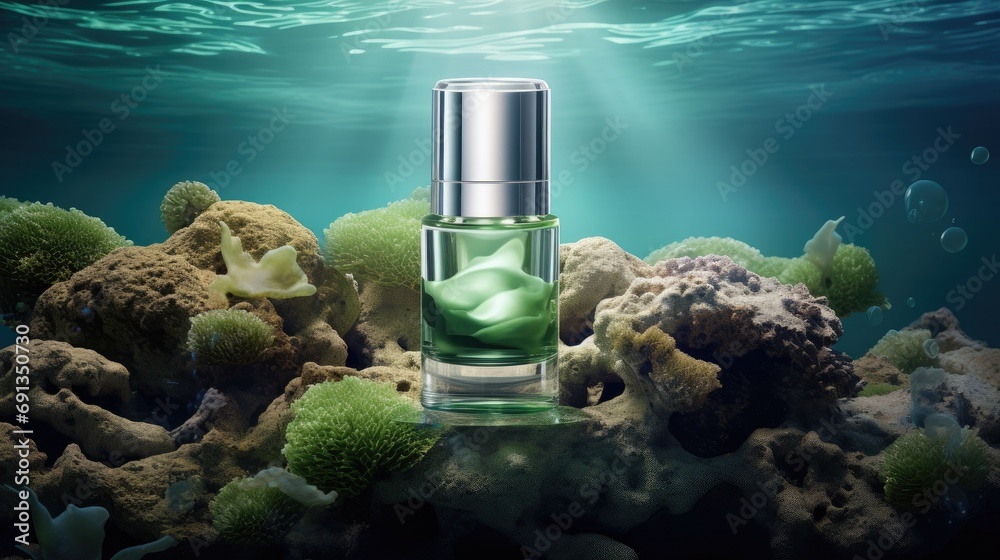 Skincare product display with underwater coral reef background. Beauty and skincare. - obrazy, fototapety, plakaty 