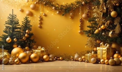 Yellow christmas tree and decorations background with copy space