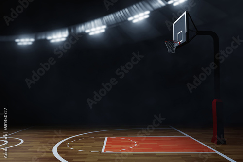 3d illustration empty dark professional basketball court arena at night background © fotokitas