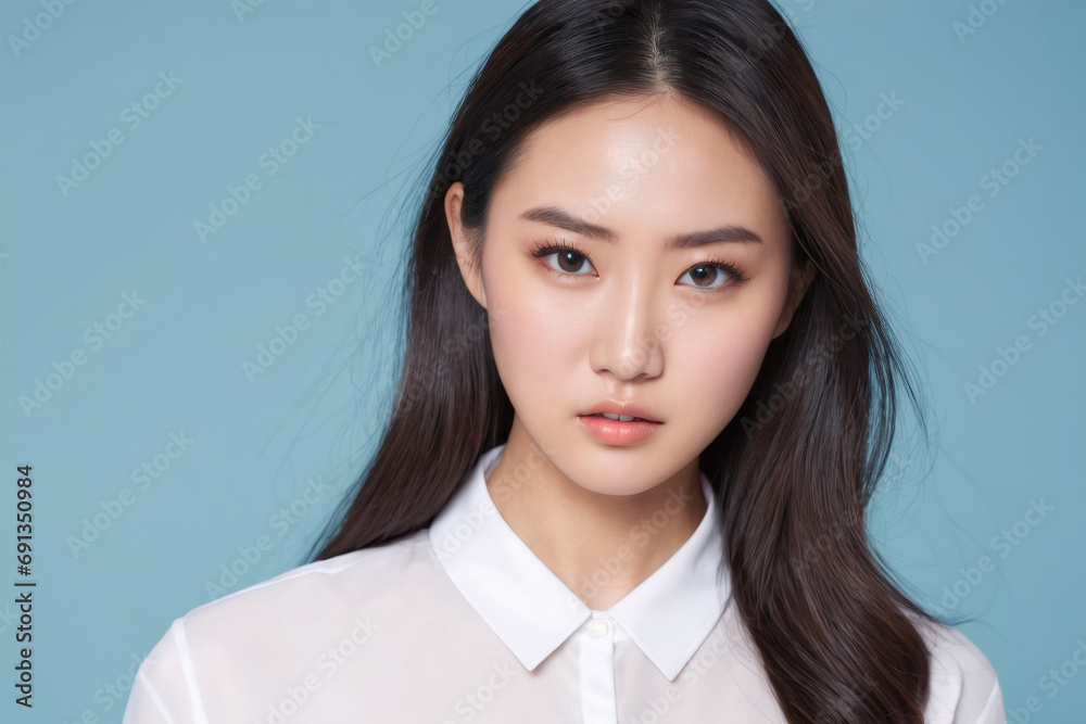 Portrait of Beauty Korean Women Attractive Girl on blue Background for Face care, Facial treatment, Cosmetology, beauty and spa, women portrait. Portrait of Beauty Korean Women Attractive Girl on blue Background for Face care, Facial treatment, Cosmetology, beauty and spa, women portrait.