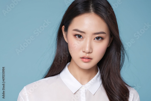 Portrait of Beauty Korean Women Attractive Girl on blue Background for Face care, Facial treatment, Cosmetology, beauty and spa, women portrait.