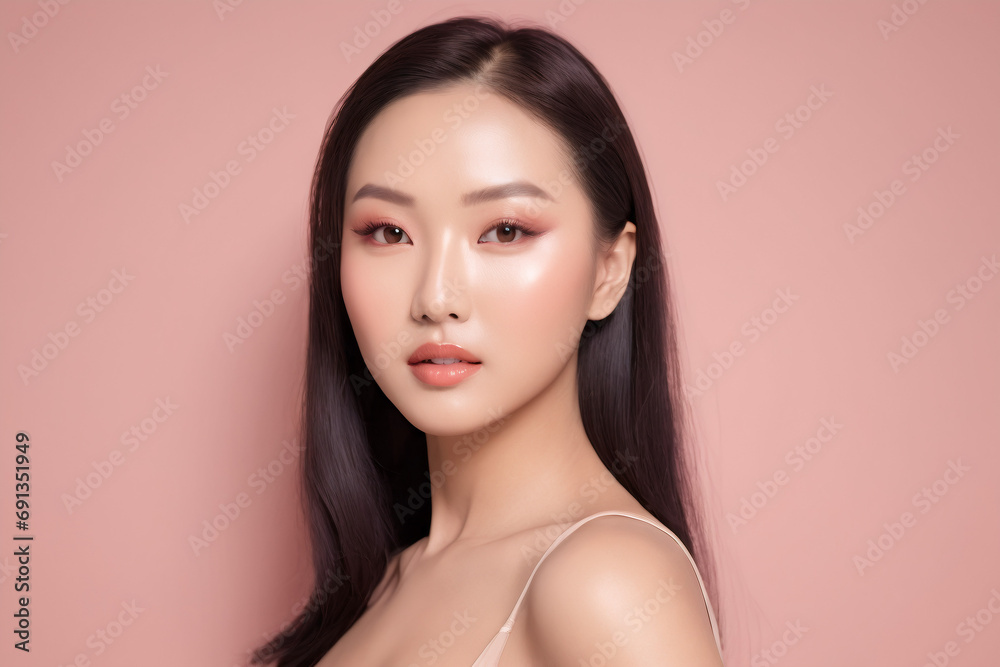 Portrait of Beauty Korean Women Attractive Girl on pink Background for Face care, Facial treatment, Cosmetology, beauty and spa, women portrait. Portrait of Beauty Korean Women Attractive Girl on pink Background for Face care, Facial treatment, Cosmetology, beauty and spa, women portrait.