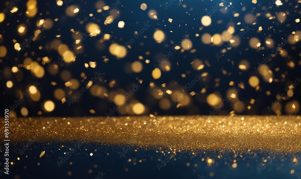 Obraz premium bstract background with gold stars, particles and sparkling on navy blue. Christmas Golden light shine particles bokeh on navy blue background