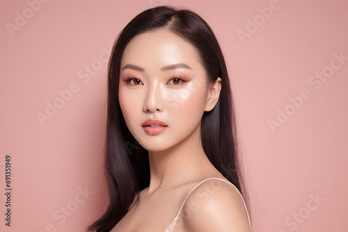 Portrait of Beauty Korean Women Attractive Girl on pink Background for Face care, Facial treatment, Cosmetology, beauty and spa, women portrait.