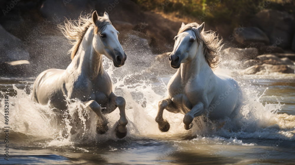 Stallions fight in the river