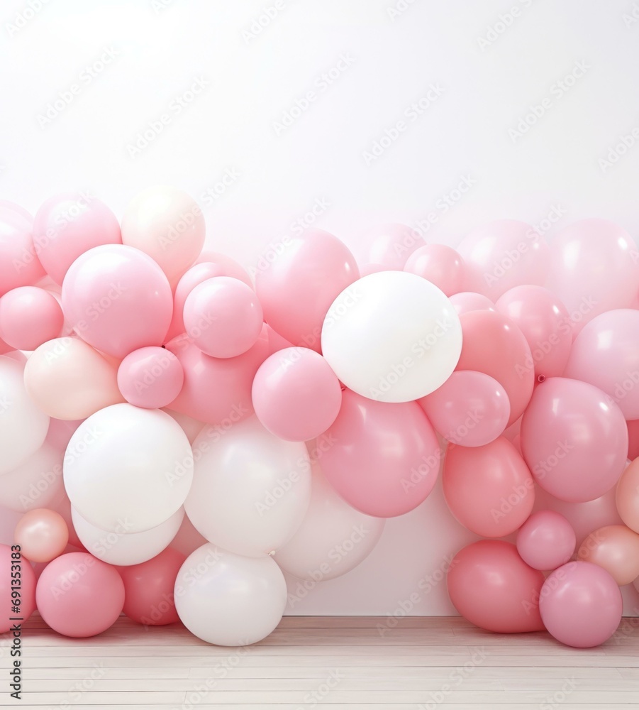 Pink and white balloons in a room. Generative AI. Pink and white balloons in a room. Generative AI.