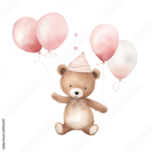 Watercolor illustration of happy birthday bear with balloon.