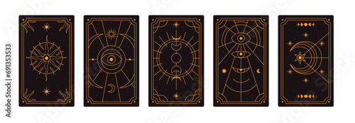 Tarot designs set. Esoteric occult card backgrounds, reverse back view. Magic spiritual celestial symbols. Sacred sun, star, crescent. Flat graphic vector illustrations isolated on white background photo