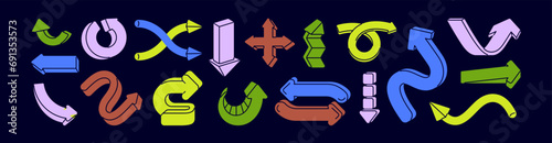 Arrows, pointers designs set. Curved twisted elements, showing direction, navigation in doodle retro style. Cursors pointing, download, undo, update symbols. Isolated flat graphic vector illustrations