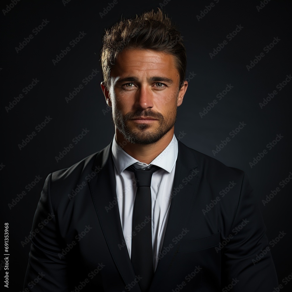 Handsome confident businessman wearing suit standing on black background Handsome confident businessman wearing suit standing on black background