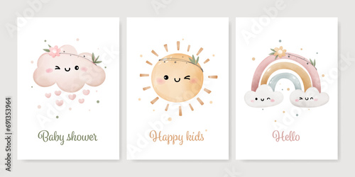 Watercolor nursery card Scandinavia weather Rainbow Cloud Sun Boho sky For nursery decor