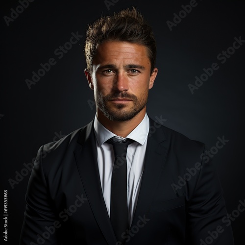 Handsome confident businessman wearing suit standing on black background