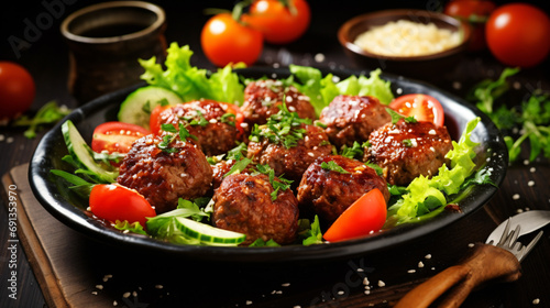 Tasty meatballs with tomatoes and salad
