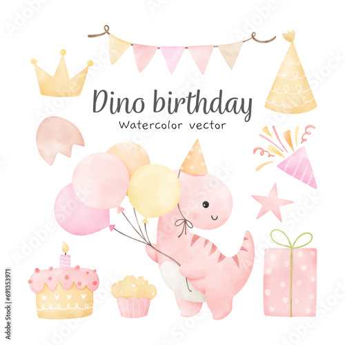 Watercolor dinosaur girl birthday Decoration nursery party Baby shower Print for invitation card Poster Template