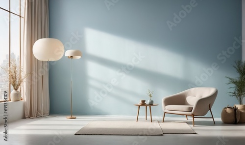 simplistic light blue backdrop is utilized for showcasing the product. The plaster wall is adorned with shadows and natural light streaming in through the windows photo