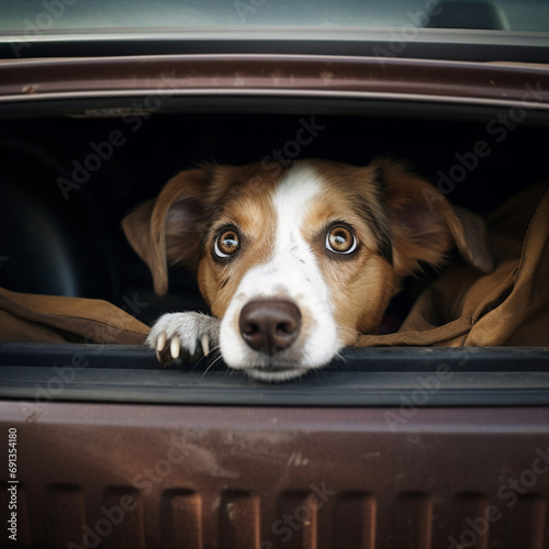 Dog in a car. Travel by car with the dog.