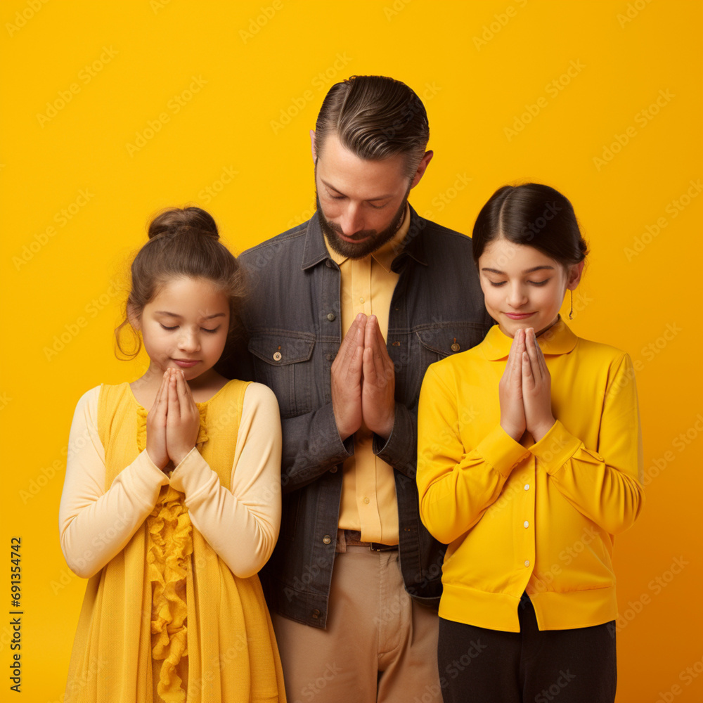 Family praying on a yellow background. Family praying on a yellow background.