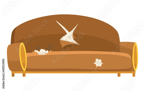 Broken sofa icon. Torn old couche for living room isolated on white background. Damaged indoor old furniture messy seat of sofa. Vector interior object in cartoon style