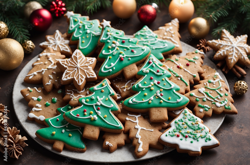ginger cookies, shaped like a Christmas tree and adorned with intricate details and festive decorations, all rendered in a whimsical and charming style. Generative AI