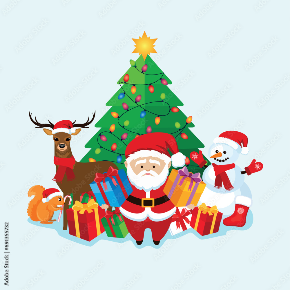 Cute Santa Claus, deer, snowman and christmas tree with garland lights cartoon vector illustration. Decorated christmas tree, santa, gifts, reindeer and snowman icon set isolated on a blue background Cute Santa Claus, deer, snowman and christmas tree with garland lights cartoon vector illustration. Decorated christmas tree, santa, gifts, reindeer and snowman icon set isolated on a blue background