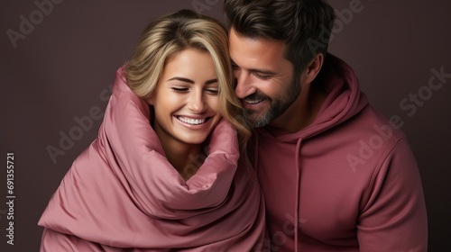 Man and girlfriends smile on background 