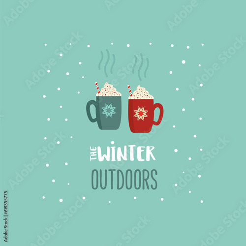 Winter season outdoors leisure fun minimal flat color vector icon. Cocoa mugs cute cartoon design element. Hot chocolate cup to warm up in cold wintertime sign. Hot drink bar illustration background