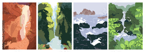 Calm nature cards. Peaceful landscapes backgrounds set. Travel posters with s...