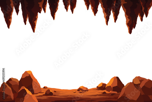 View from cave or tunnel vector frame in cartoon style. Cave landscape with place for text. Flat cartoon illustration with blank center photo