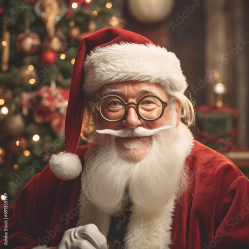 Happy Santa Claus in the christmas decorated home