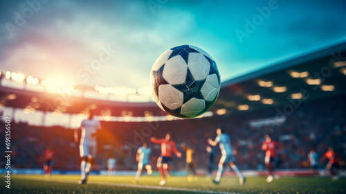 A soaring soccer ball unites players on the green field of a bustling stadium, showcasing the exhilaration and camaraderie of this beloved team sport © Jaroslav Machacek
